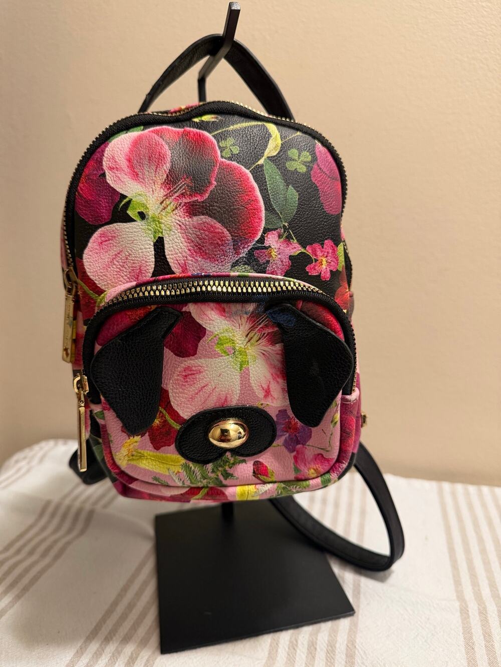 Betsey Johnson Floral Puppy Dog Mini Backpack Pink Black Kitsch